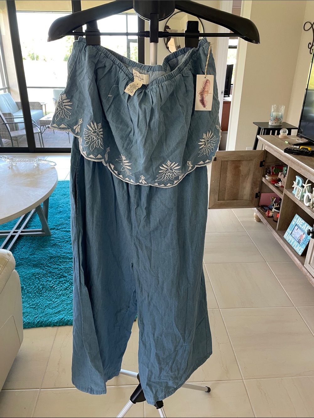 Jessica Simpson Boho Off-Shoulder Wide Leg Jumpsuit in Dusty Blue